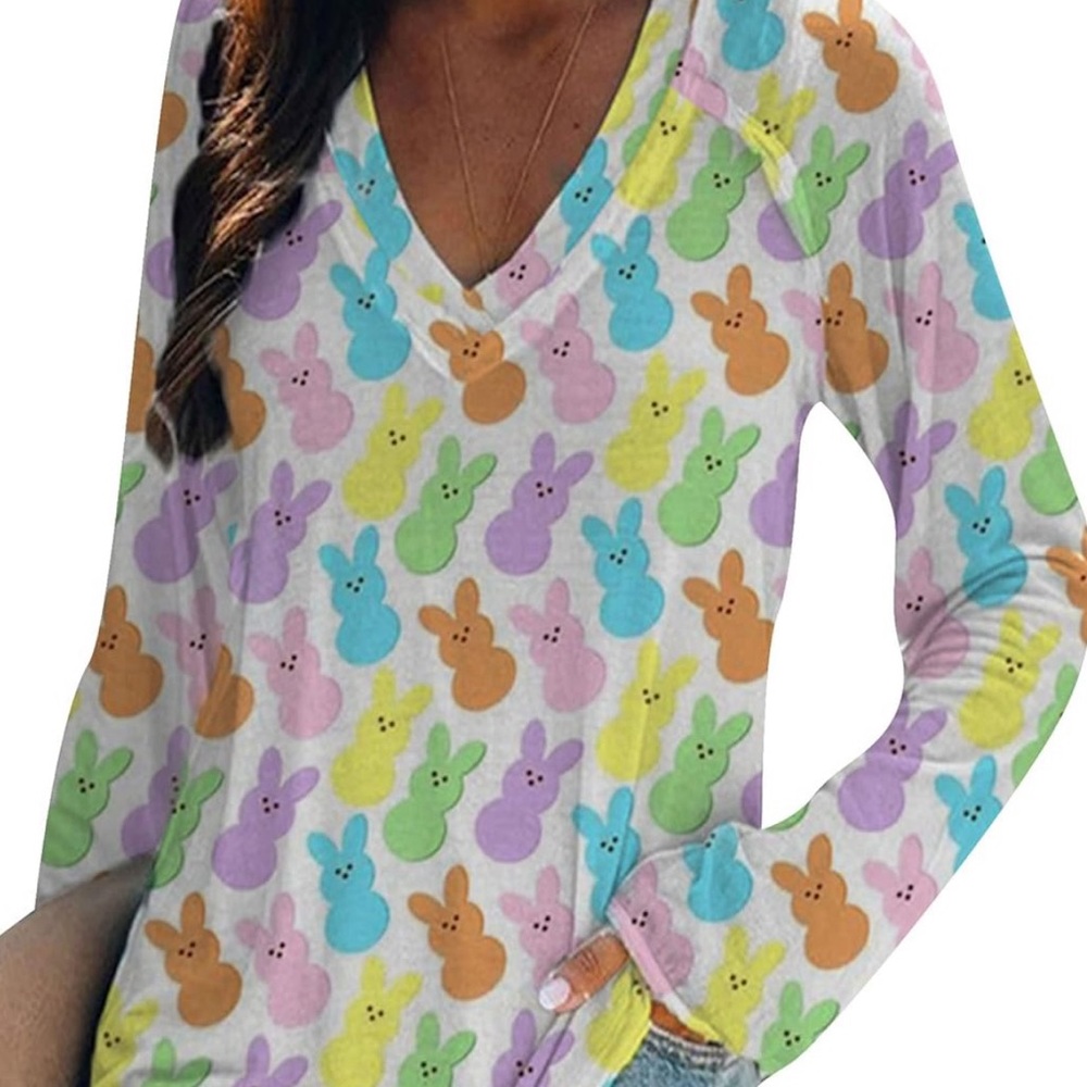 NEW Women’s Bunny Rabbit Peep V-Neck Long Sleeve Top